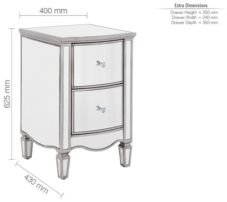 Elysee Mirrored 2 Drawer Narrow Bedside