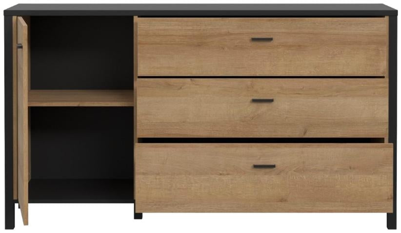 High Rock Matt Black and Riviera Oak 1 Door 3 Drawer Sideboard