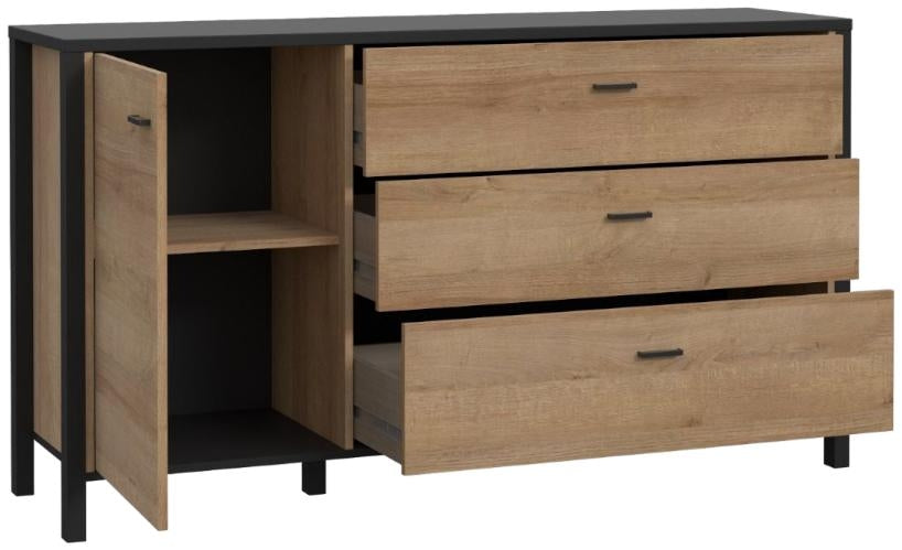 High Rock Matt Black and Riviera Oak 1 Door 3 Drawer Sideboard