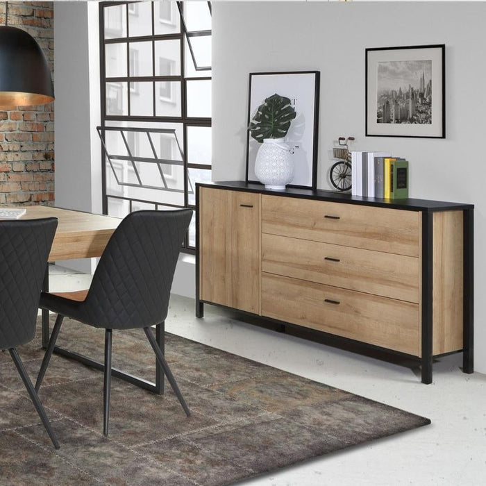 High Rock Matt Black and Riviera Oak 1 Door 3 Drawer Sideboard
