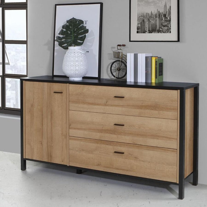 High Rock Matt Black and Riviera Oak 1 Door 3 Drawer Sideboard