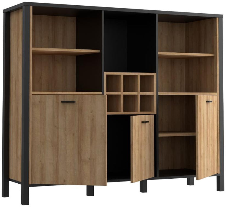 High Rock Matt Black and Riviera Oak 3 Door Shelf Unit