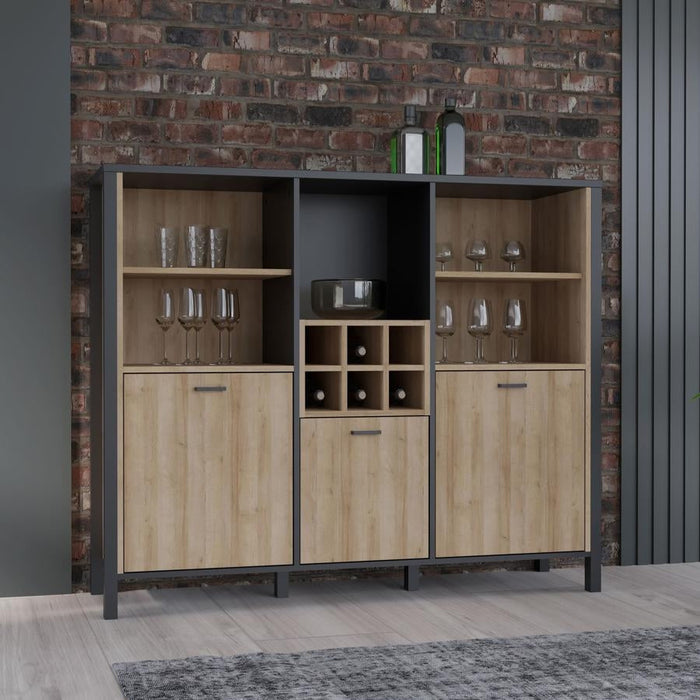 High Rock Matt Black and Riviera Oak 3 Door Shelf Unit