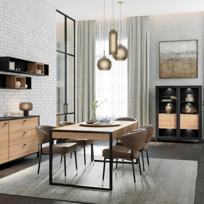 High Rock Matt Black and Riviera Oak Dining Table - 6 Seater