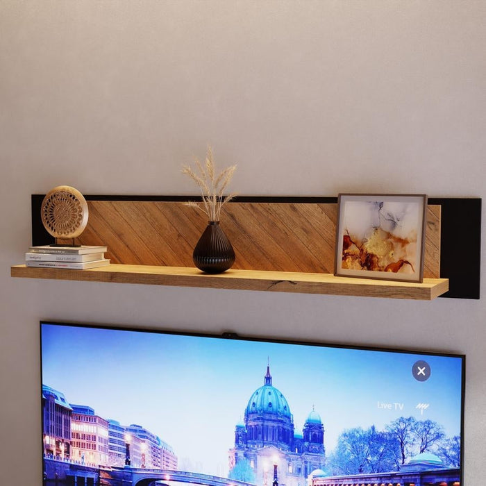 Nikomedes Spica Oak Matt Black and Bartex Oak Wall Shelf - 140cm