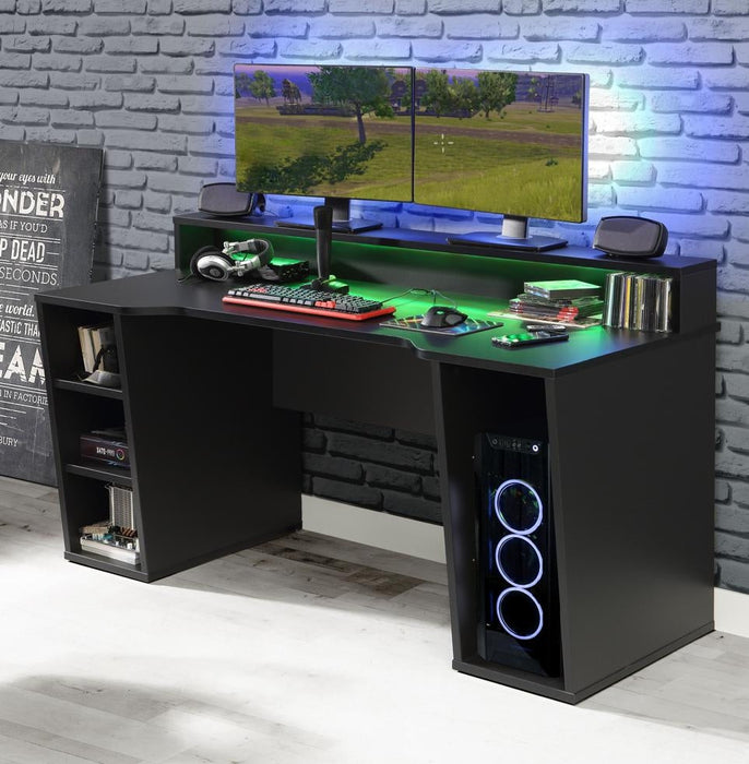 Tezaur Matt Black 2 Shelves Led Gaming Desk