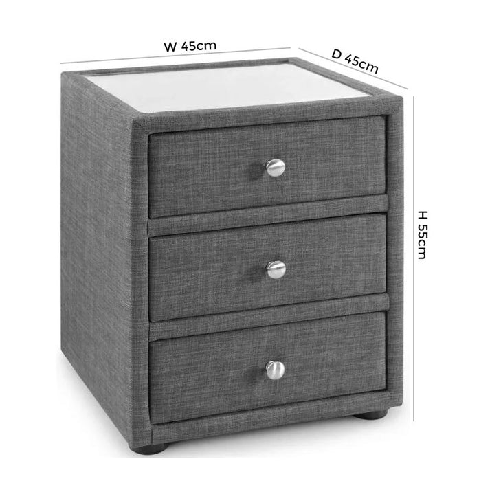 Sorrento Slate Grey Linen Hardwood 3 Drawer Bedside Cabinet