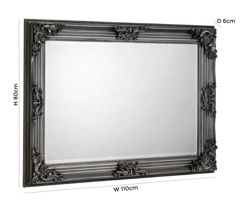 Rococo Pewter Lacquered Carved Rectangular Wall Mirror - 110cm x 80cm