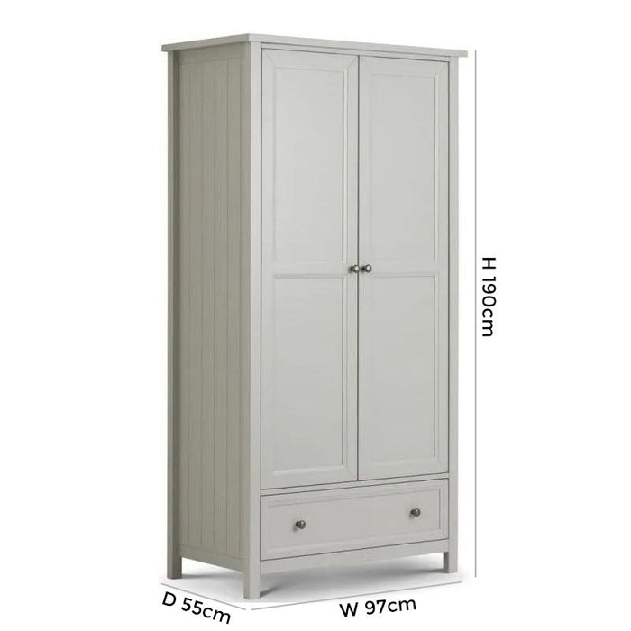Maine Dove Grey Lacquered Pine 2 Door 1 Drawer Wardrobe