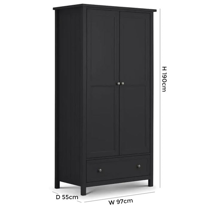 Maine Anthracite Lacquered Pine 2 Door 1 Drawer Wardrobe