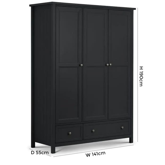 Maine Anthracite Lacquered Pine 3 Door 2 Drawers Wardrobe