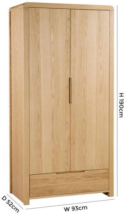 Curve Oak 2 Door 1 Drawer Wardrobe
