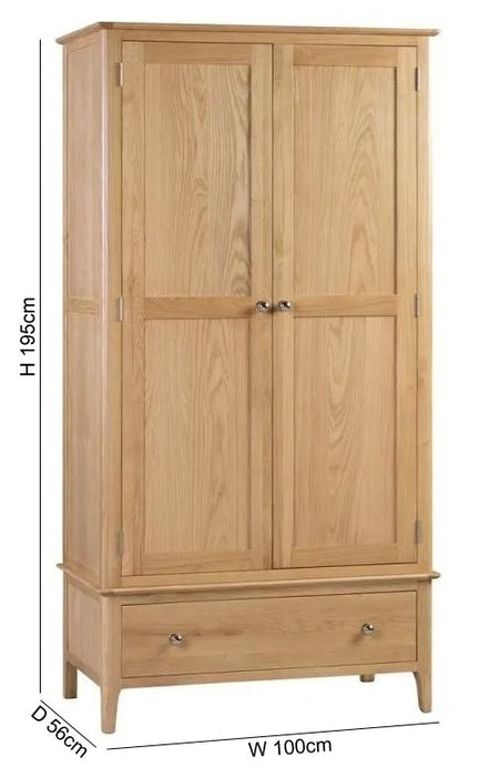 Cotswold Natural Satin Lacquer Oak 2 Door 1 Drawer Wardrobe