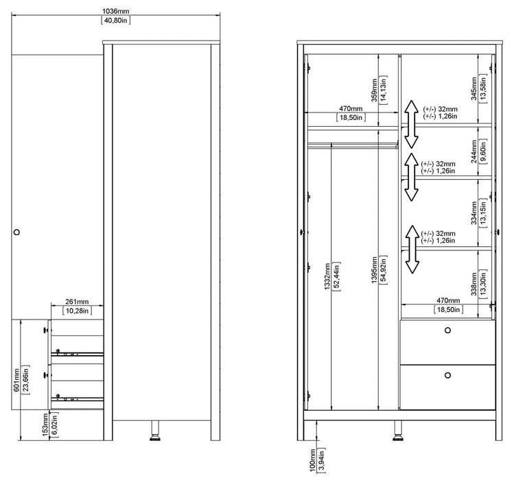 Madrid 1 Door 1 Mirror Door 2 Drawer Wardrobe