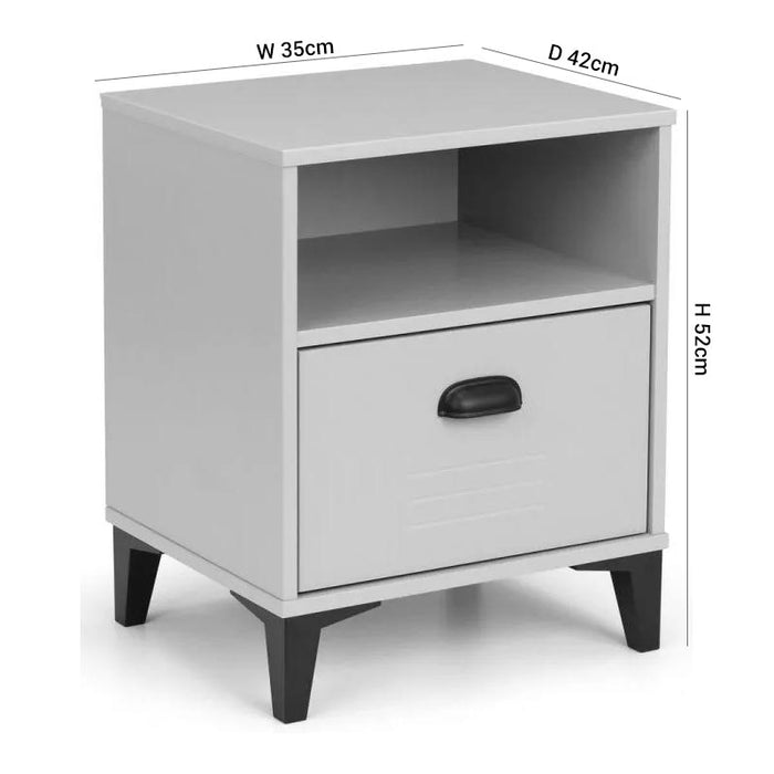Lakers Grey Metal Effect Lacquer Pine 1 Drawer Bedside Cabinet