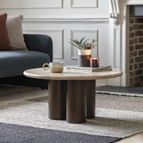 Trevi Travertine Stone Dark Wood 75cm Round Coffee Table