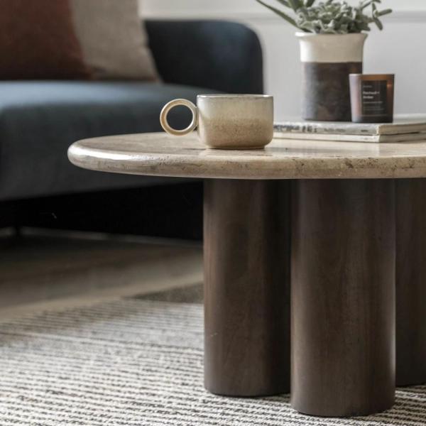 Trevi Travertine Stone Dark Wood 75cm Round Coffee Table