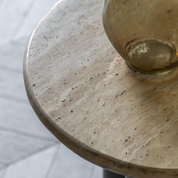 Trevi Travertine Stone Dark Wood Round Side Table