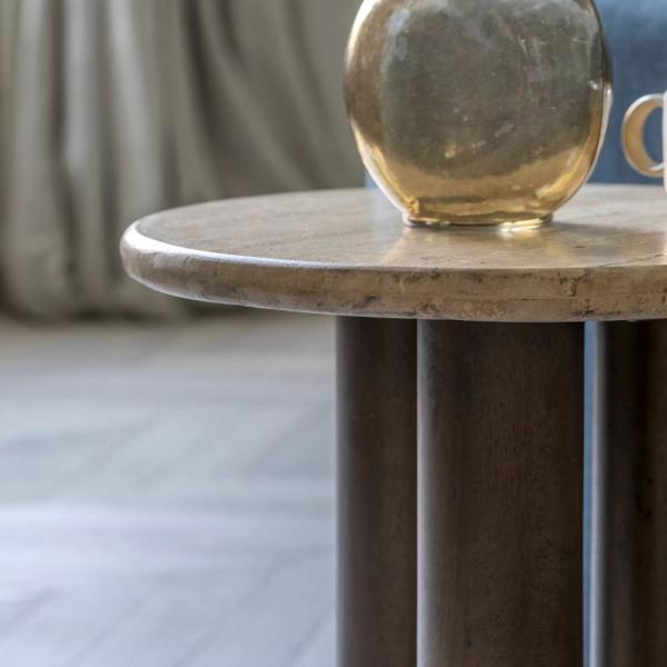 Trevi Travertine Stone Dark Wood Round Side Table