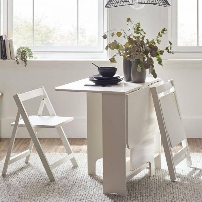 Gatan Gateleg White Lacquer Drop Leaf 2 Seater Dining Table with 2 Chairs