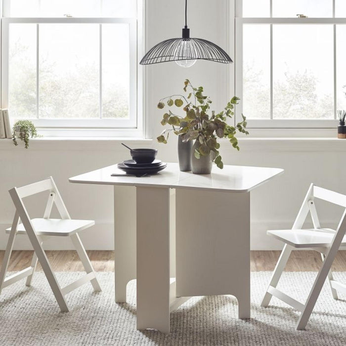 Gatan Gateleg White Lacquer Drop Leaf 2 Seater Dining Table with 2 Chairs
