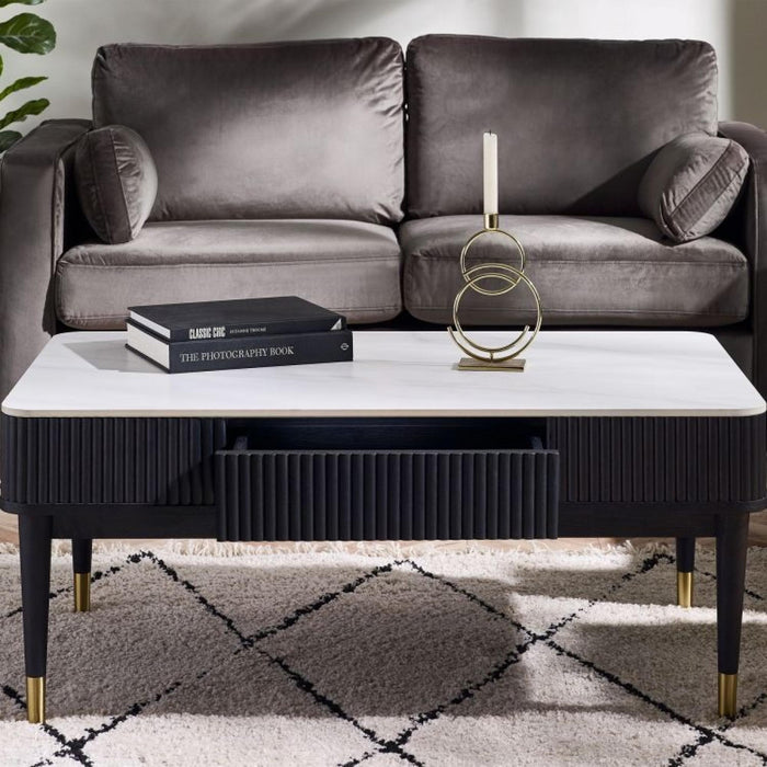 Louis Black Fluted Stone Top 2 Drawer Coffee Table