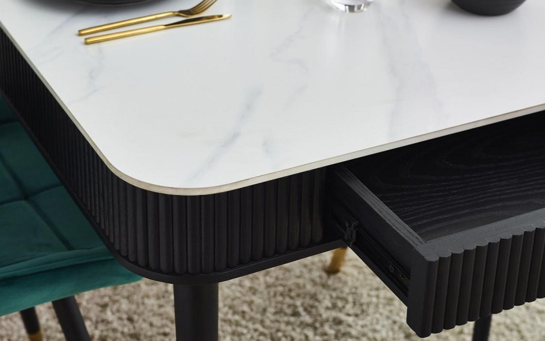 Louis Black Fluted Stone Top 6 Seater Dining Table with Drawer