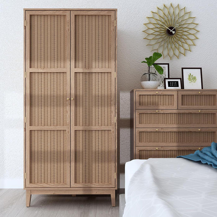 Bordeaux Oak and Faux Rattan 2 Door Wardrobe