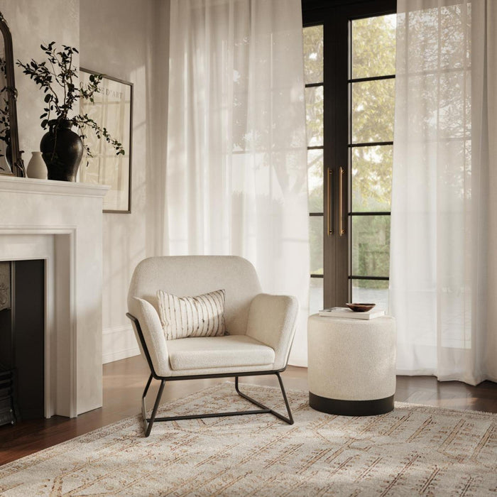 Lara Ivory and Matte Black Boucle Fabric Large Pouffe