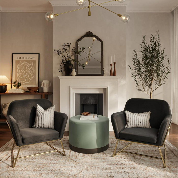 Lara Sage and Matte Black Velvet Fabric Large Pouffe