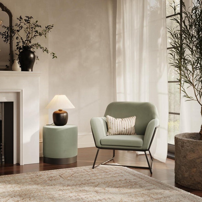 Lara Sage and Matte Black Velvet Fabric Small Pouffe