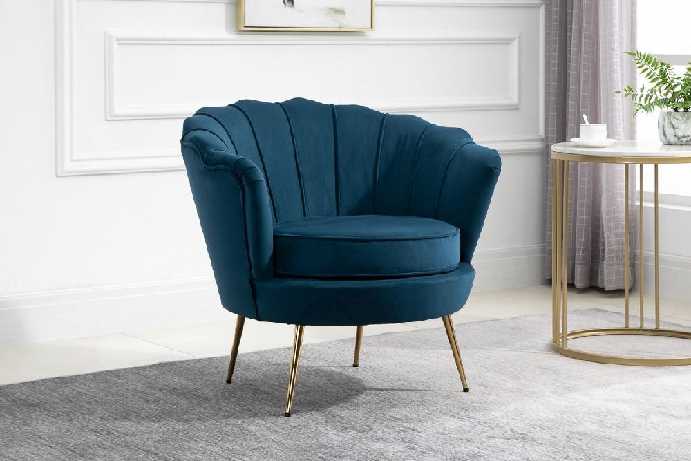 Ariel Blue Velvet Fabric Armchair with Gold Legs