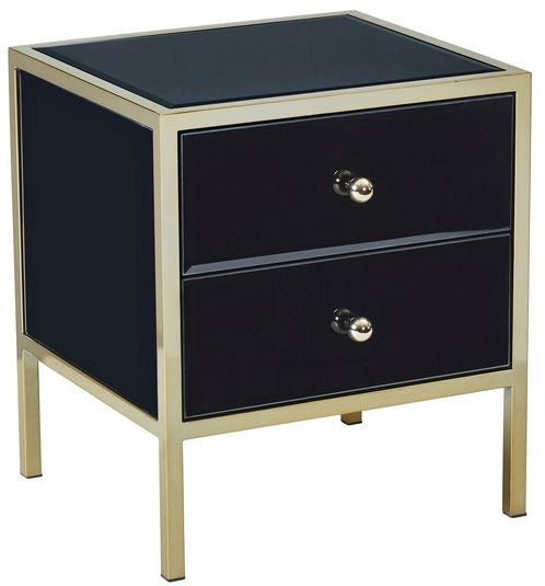 Fenwick Black Glass 2 Drawer Bedside Cabinet - Gold Trim