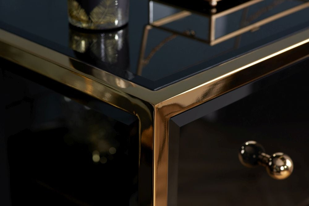 Fenwick Black Glass 2 Drawer Bedside Cabinet - Gold Trim