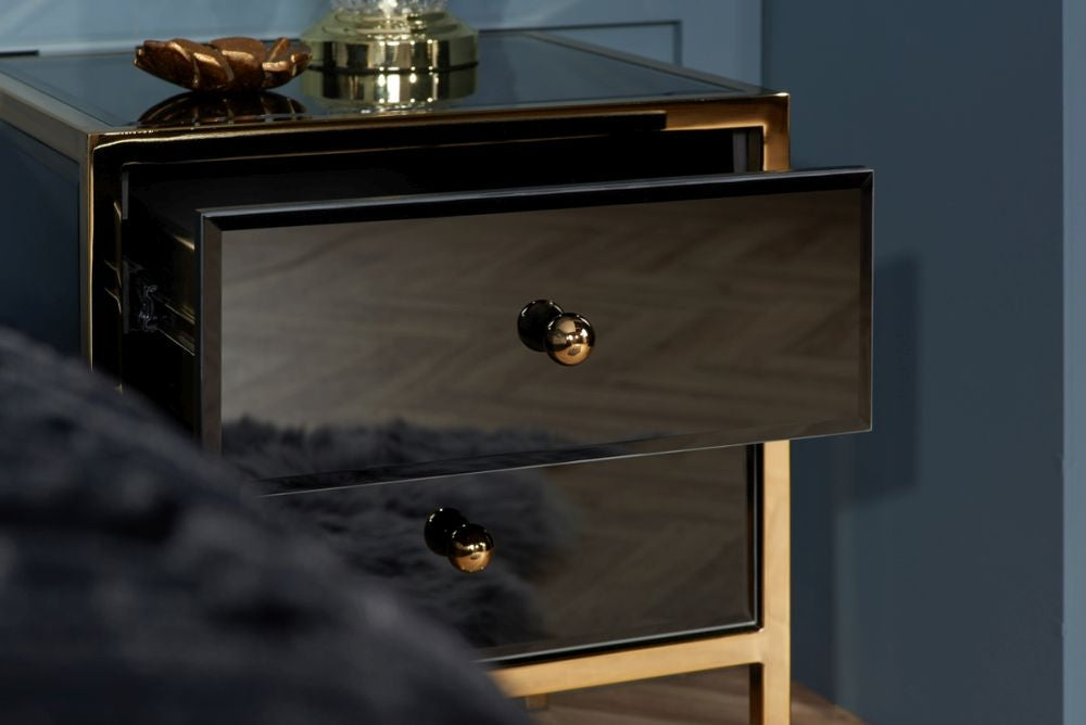 Fenwick Black Glass 2 Drawer Bedside Cabinet - Gold Trim