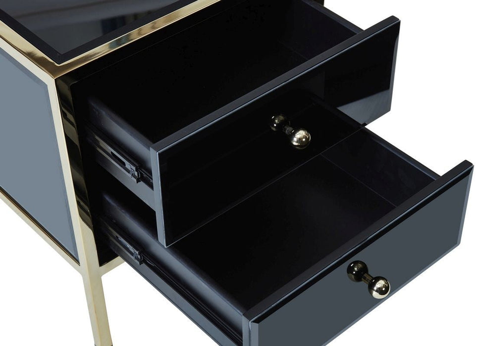 Fenwick Black Glass 2 Drawer Bedside Cabinet - Gold Trim