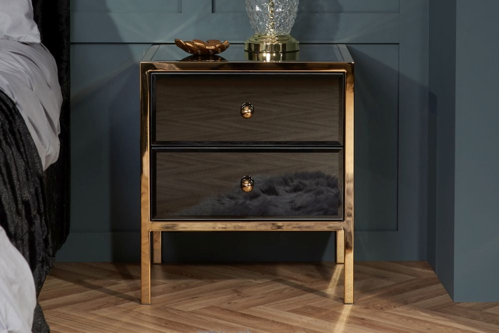 Fenwick Black Glass 2 Drawer Bedside Cabinet - Gold Trim