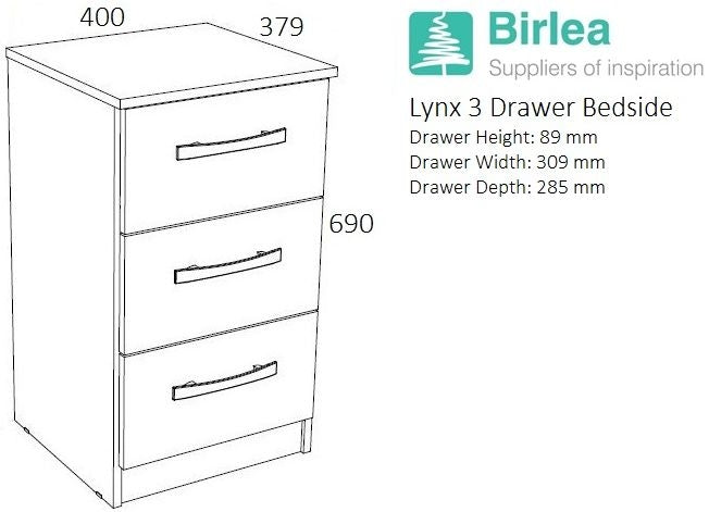 Lynx Grey 3 Drawer Bedside Cabinet