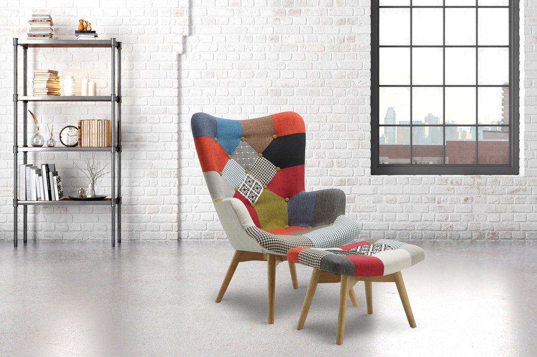 Sloane Multi Coloured Patchwork Fabric Armchair and Stool