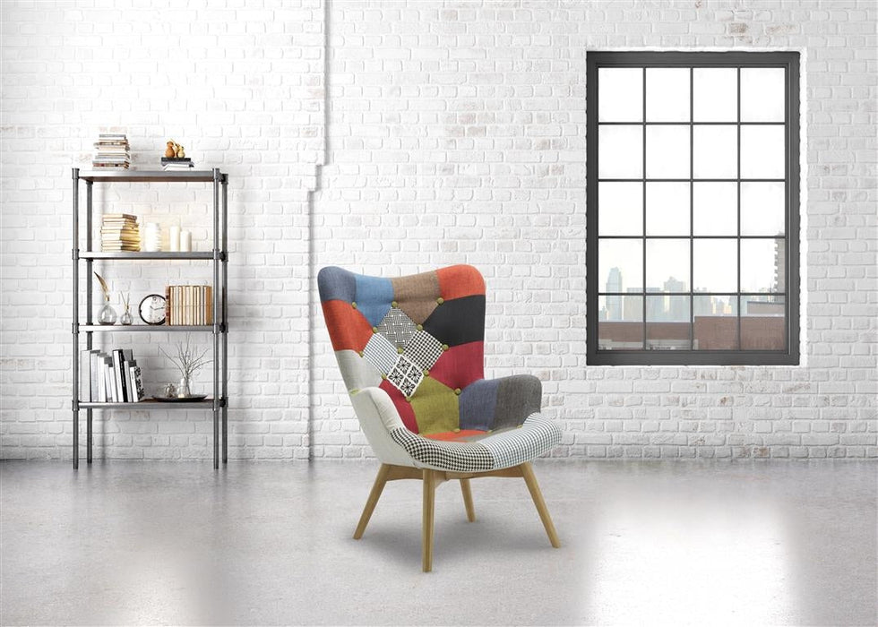 Sloane Multi Coloured Patchwork Fabric Armchair and Stool