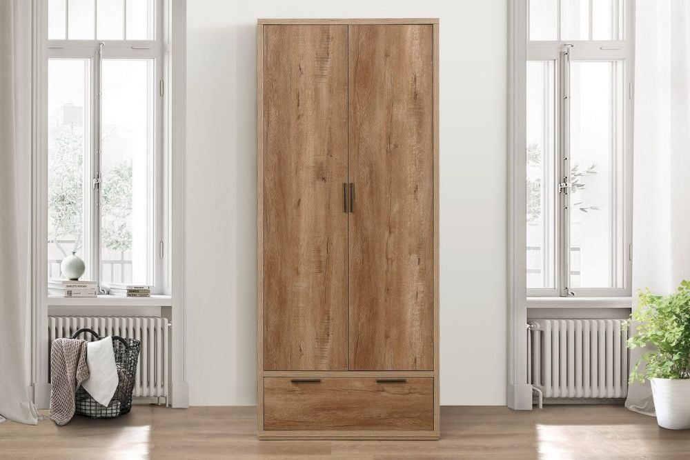 Stockwell Rustic Oak Effect 2 Door Wardrobe - 1 Drawer