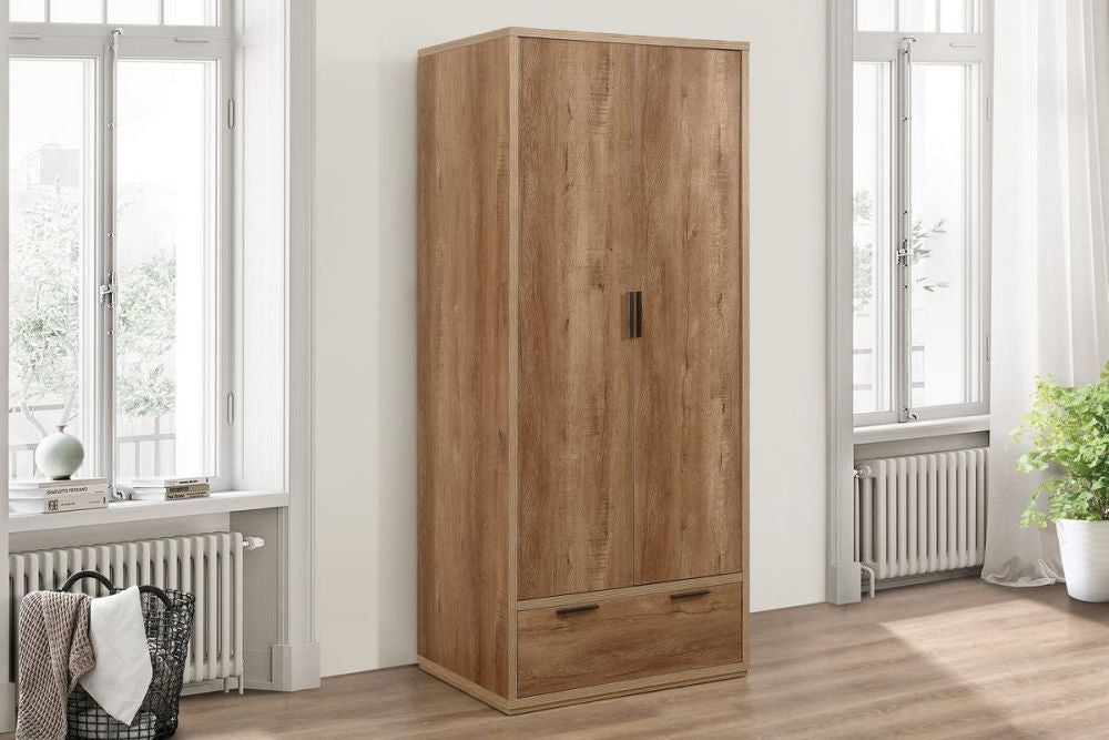Stockwell Rustic Oak Effect 2 Door Wardrobe - 1 Drawer