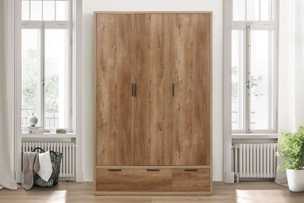 Stockwell Rustic Oak Effect 3 Door Wardrobe - 2 Drawers