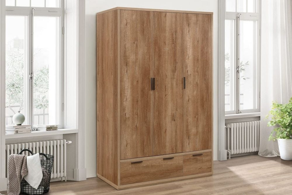 Stockwell Rustic Oak Effect 3 Door Wardrobe - 2 Drawers