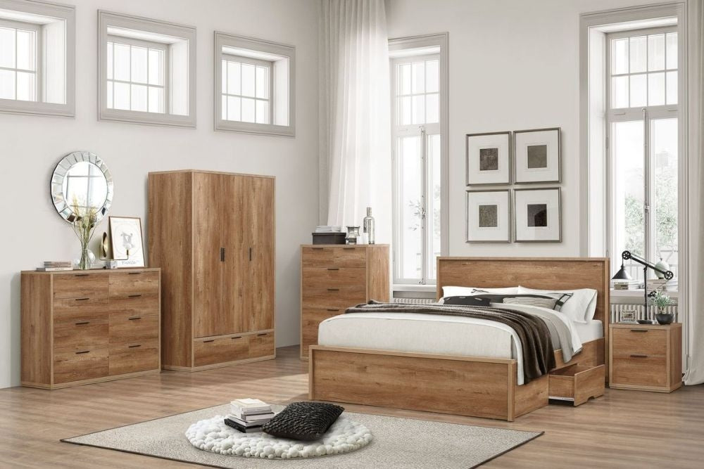Stockwell Rustic Oak Effect 3 Door Wardrobe - 2 Drawers