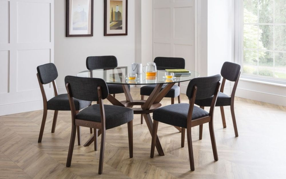 Chelsea Walnut and Glass Round 6 Seater Dining Set with 6 Farringdon Chairs