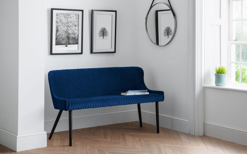 Luxe Blue Velvet Fabric High Back Bench