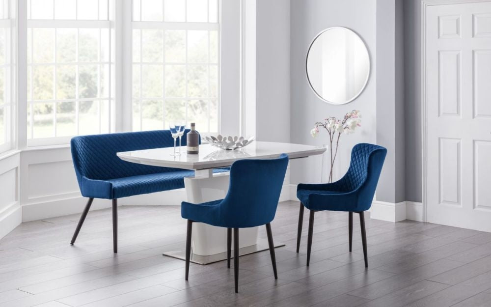 Luxe Blue Velvet Fabric High Back Bench