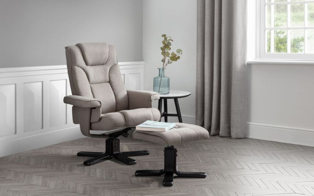 Malmo Mid Grey Fabric Swivel Recliner Chair with Footstool