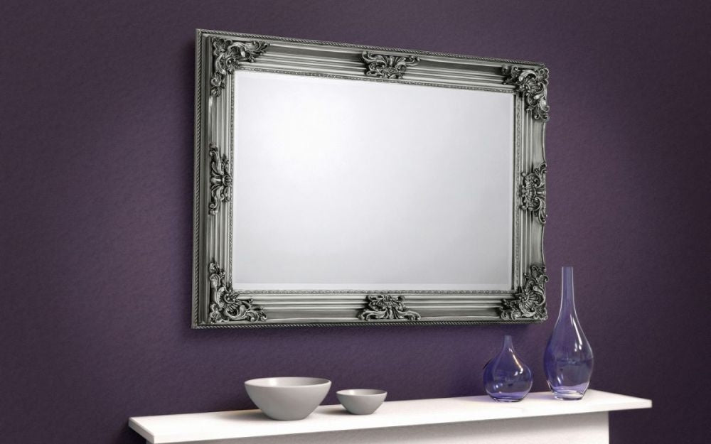 Rococo Pewter Lacquered Carved Rectangular Wall Mirror - 110cm x 80cm